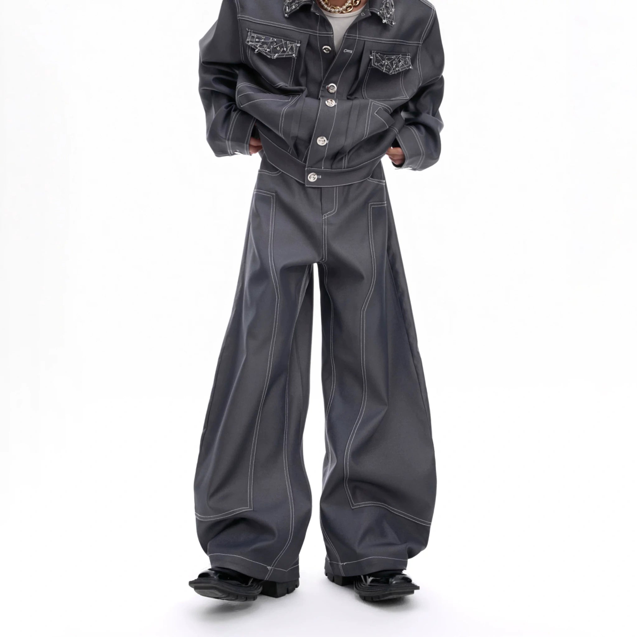 Unisex Gray Pin-Detail Cropped Coat and Pants Set - main image 5
