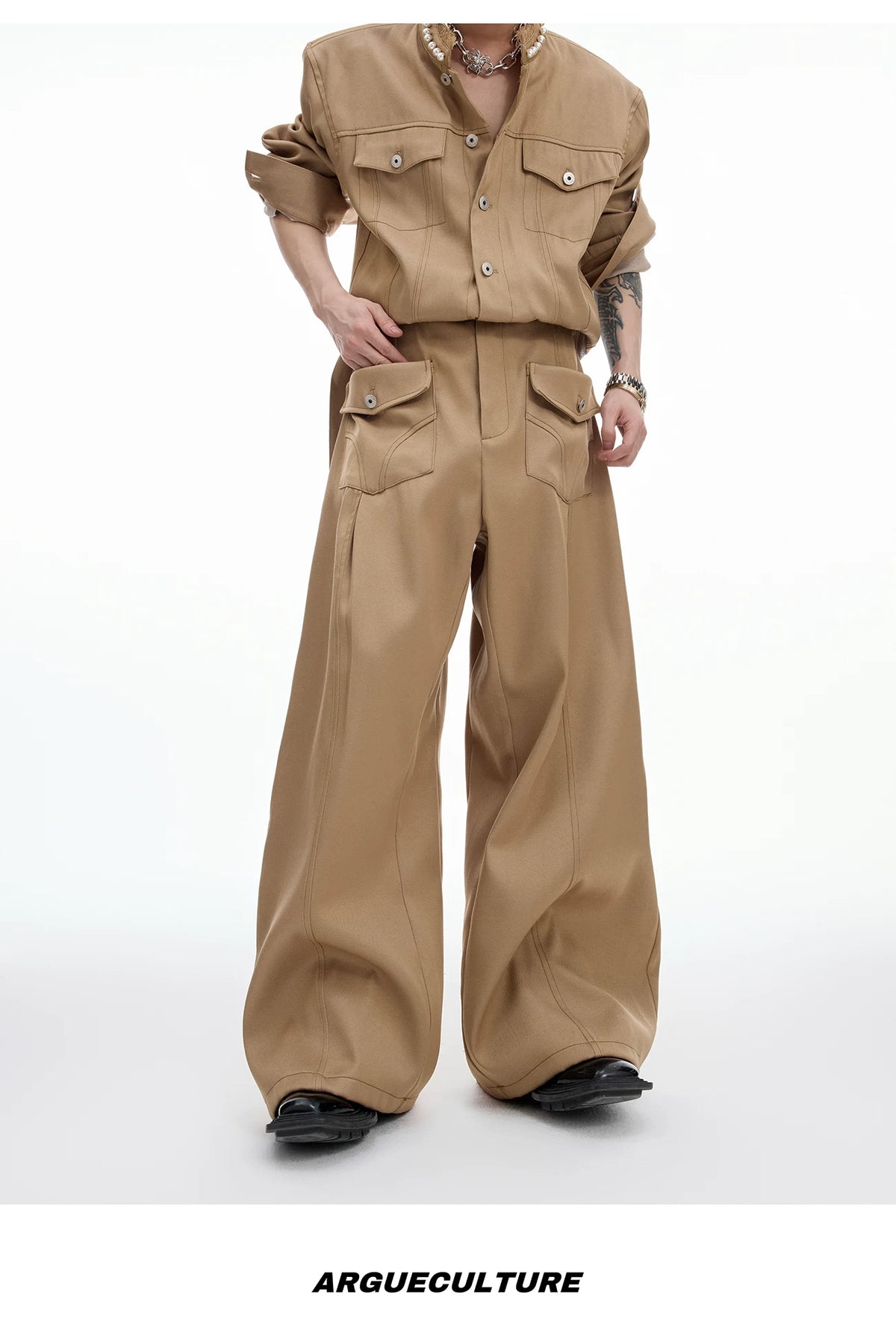 Loose Straight-Leg Cargo Jeans | Washed Cotton Denim - description image 9