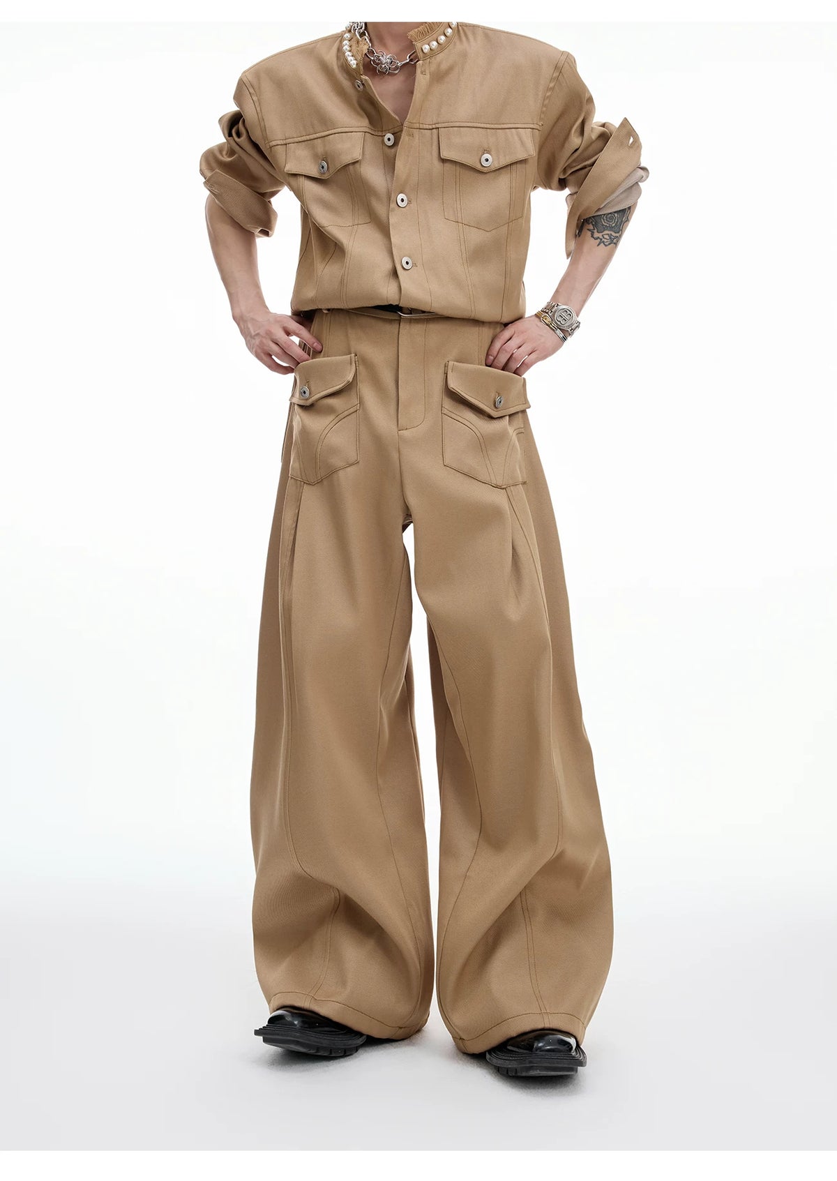 Loose Straight-Leg Cargo Jeans | Washed Cotton Denim - description image 10