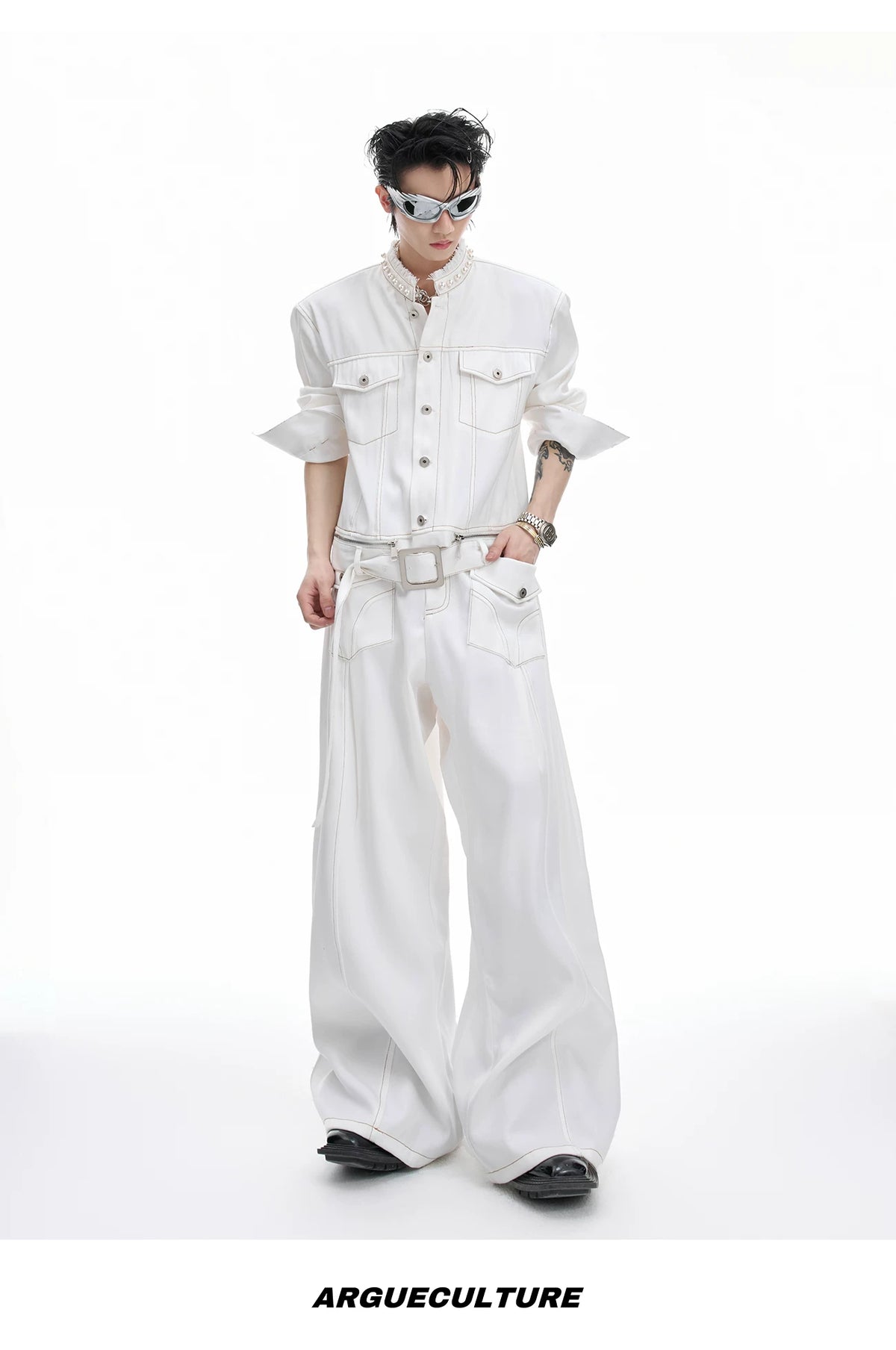 Loose Straight-Leg Cargo Jeans | Washed Cotton Denim - description image 14