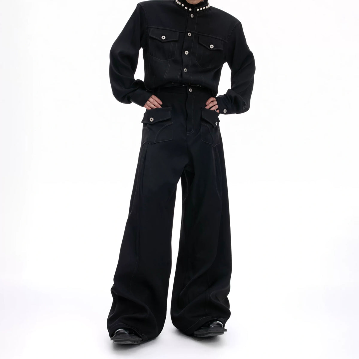 Loose Straight-Leg Cargo Jeans | Washed Cotton Denim - main image 3