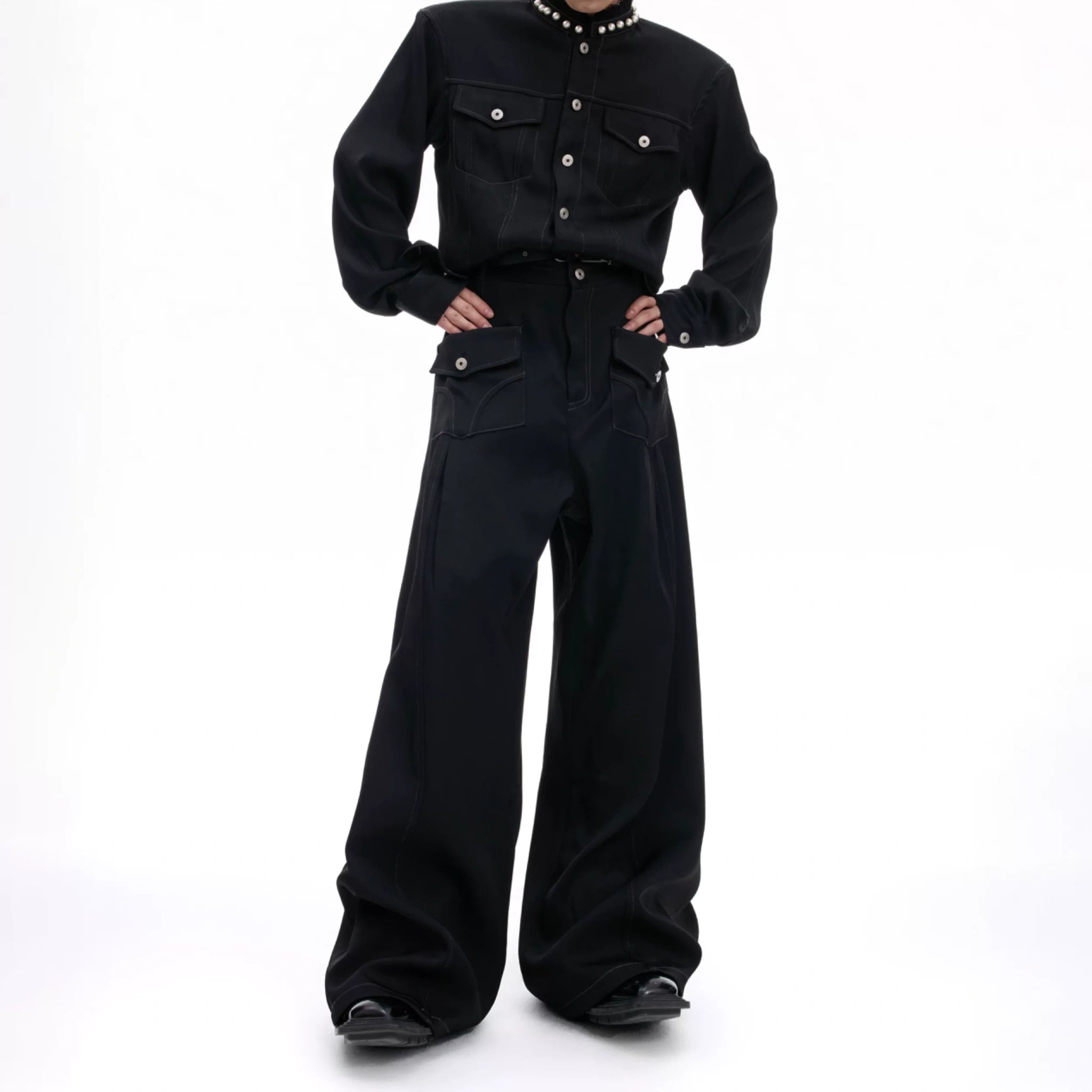 Loose Straight-Leg Cargo Jeans | Washed Cotton Denim - main image 3