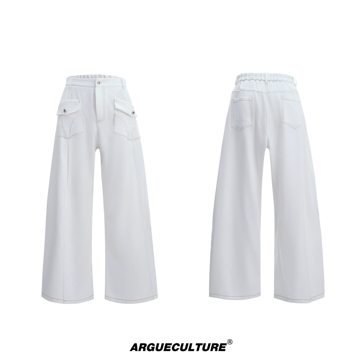 Loose Straight-Leg Cargo Jeans | Washed Cotton Denim - White