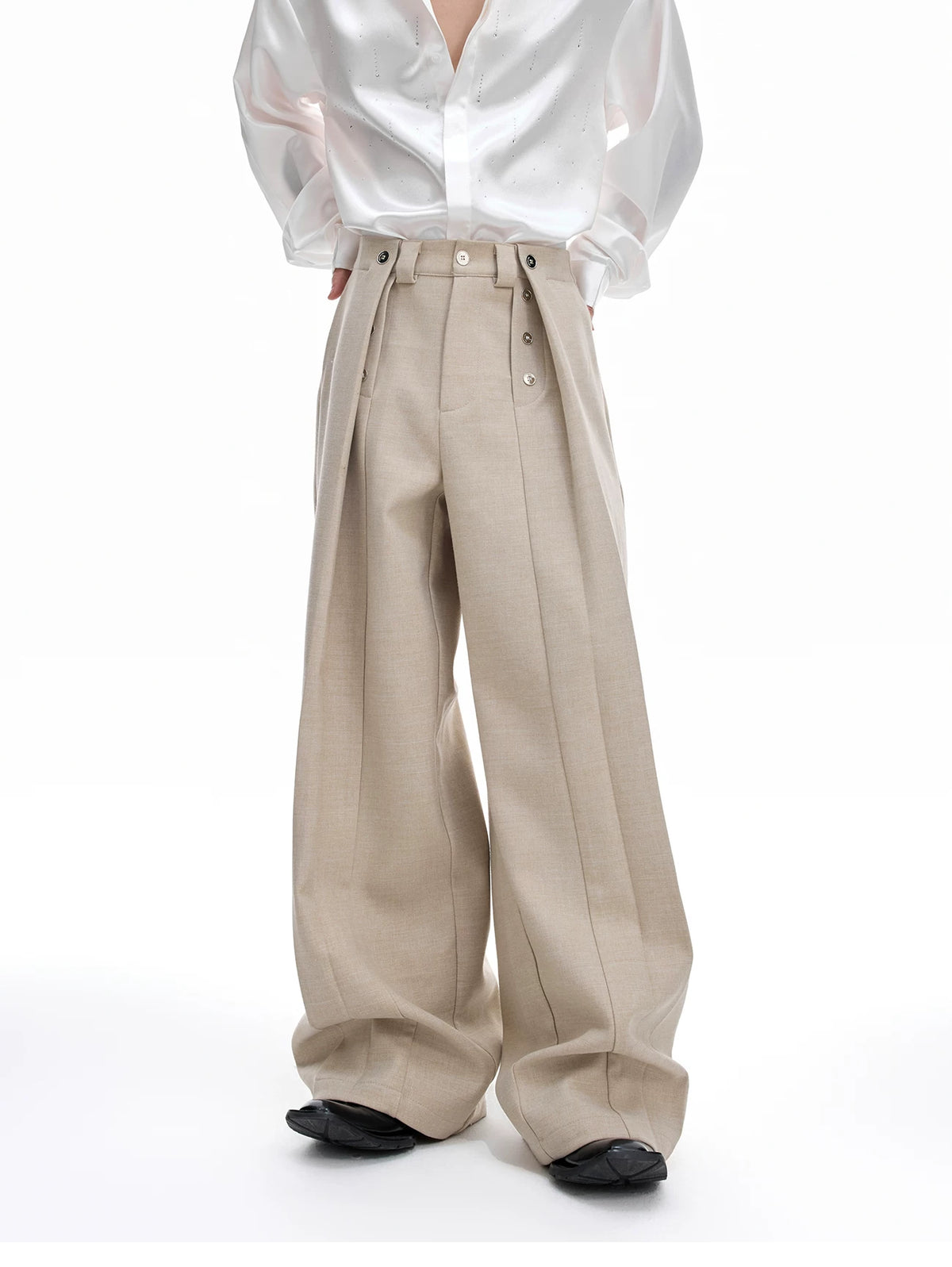 Deconstructed Pleated Straight-Leg Cotton Blend Trousers - description image 3