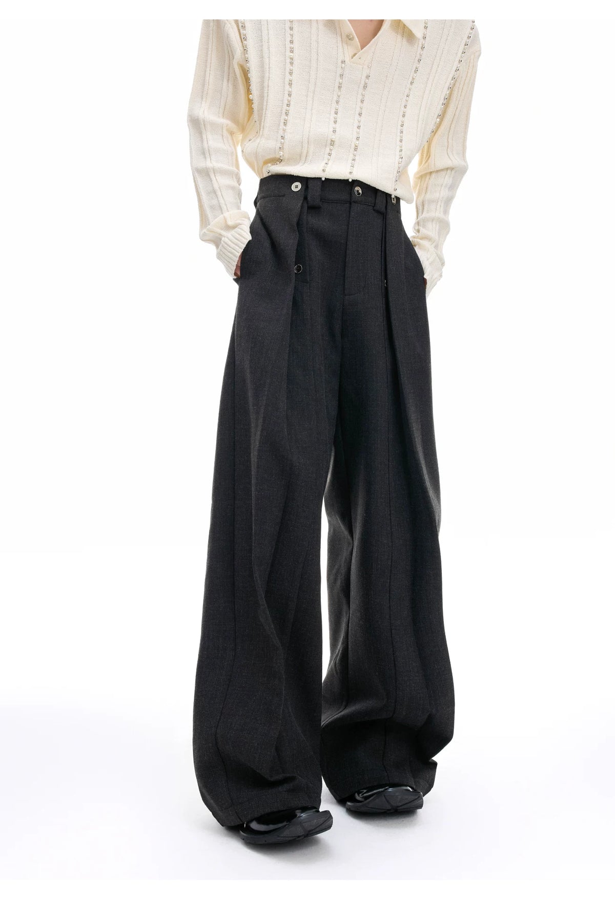 Deconstructed Pleated Straight-Leg Cotton Blend Trousers - description image 6
