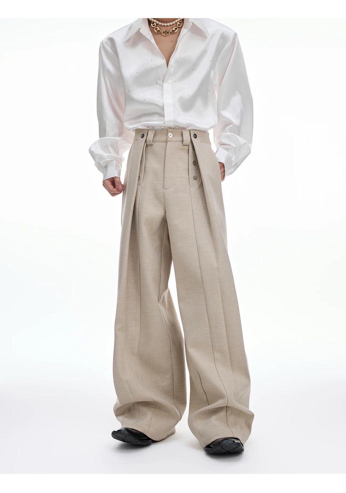 Deconstructed Pleated Straight-Leg Cotton Blend Trousers - description image 7
