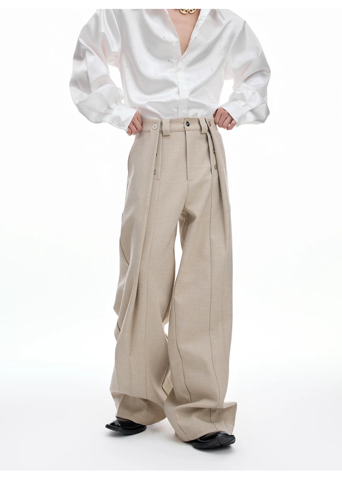 Deconstructed Pleated Straight-Leg Cotton Blend Trousers - description image 9