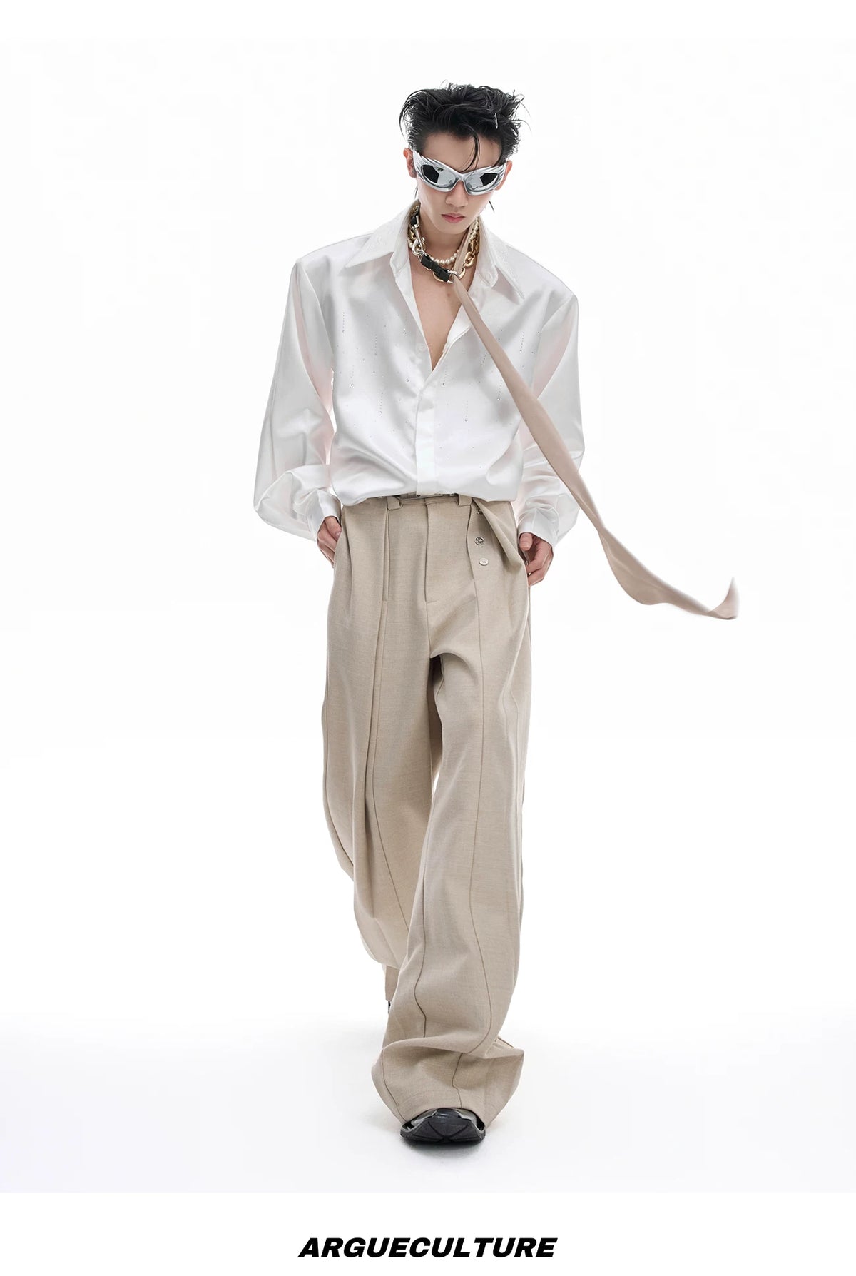 Deconstructed Pleated Straight-Leg Cotton Blend Trousers - description image 11
