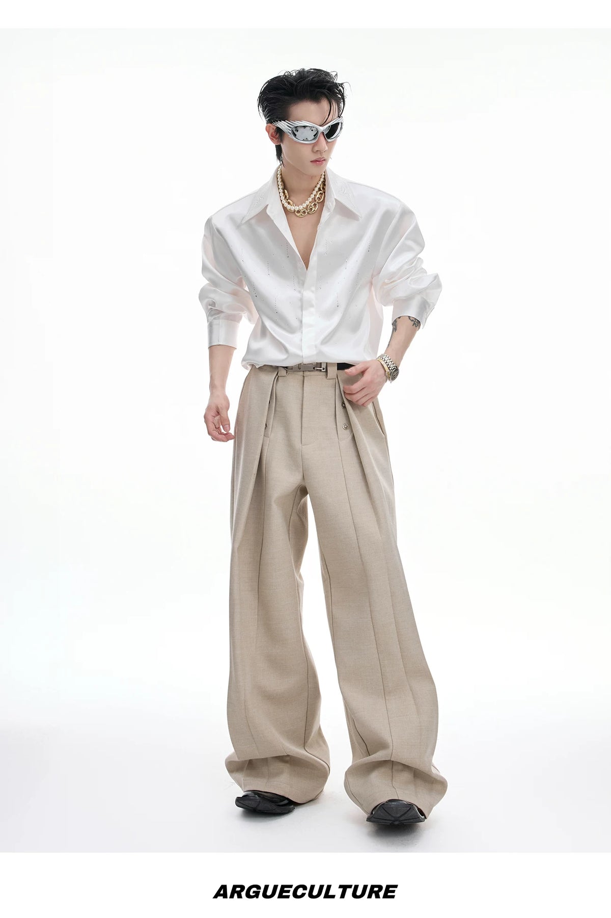 Deconstructed Pleated Straight-Leg Cotton Blend Trousers - description image 12