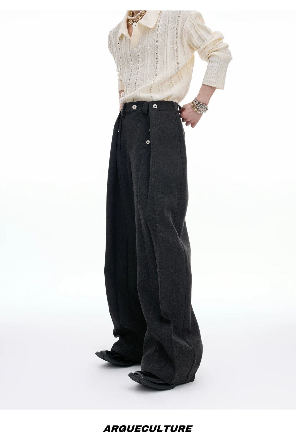 Deconstructed Pleated Straight-Leg Cotton Blend Trousers - description image 13
