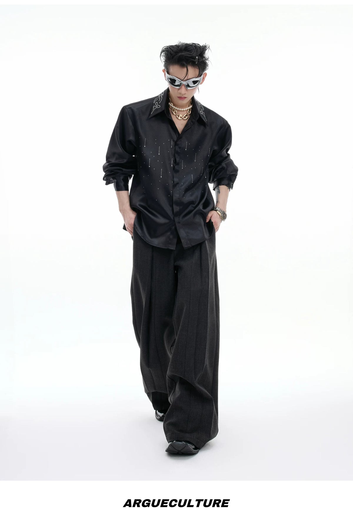 Deconstructed Pleated Straight-Leg Cotton Blend Trousers - description image 16