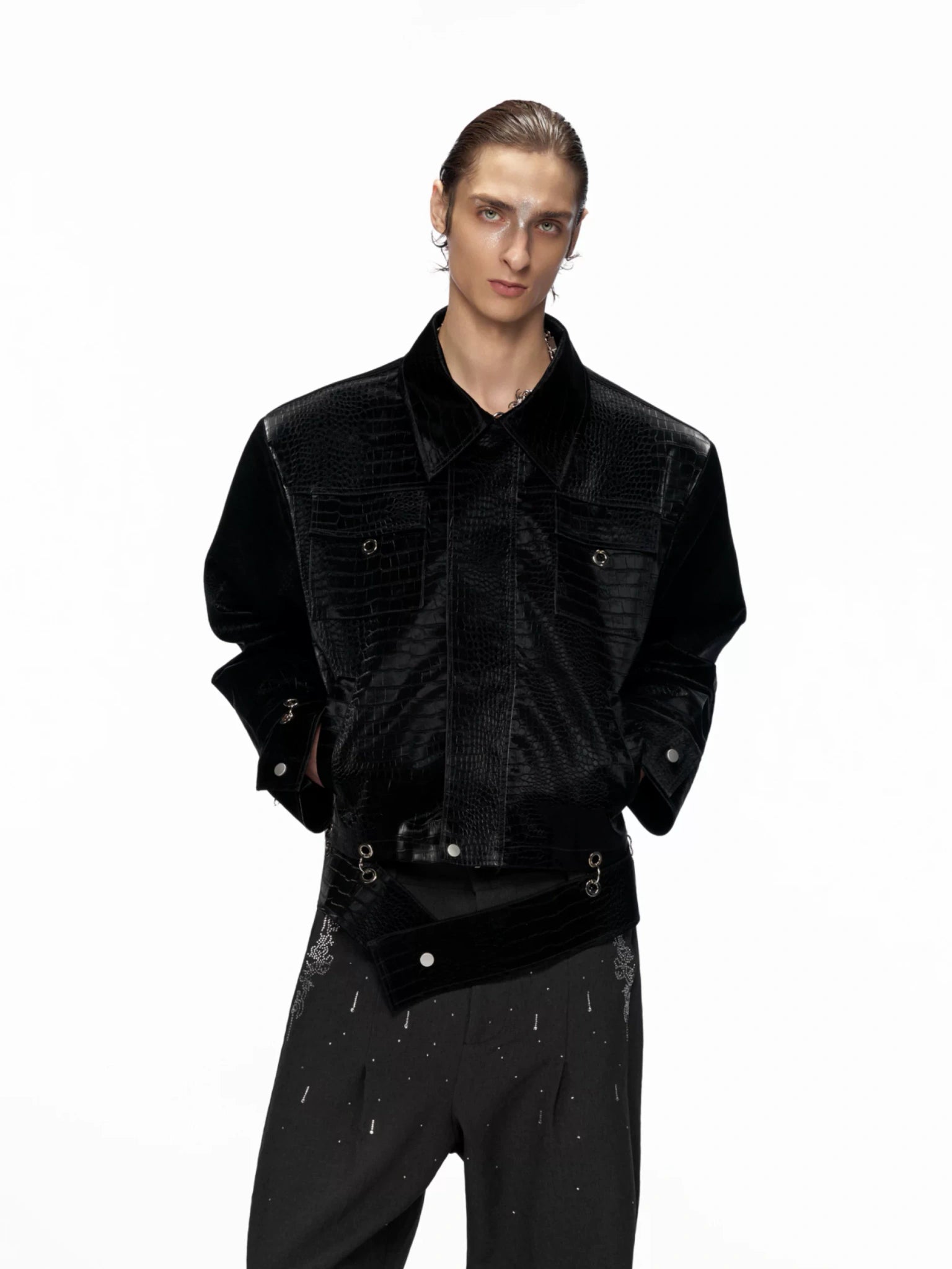 Black Crocodile-Texture Cropped PU Leather Jacket - main image 1