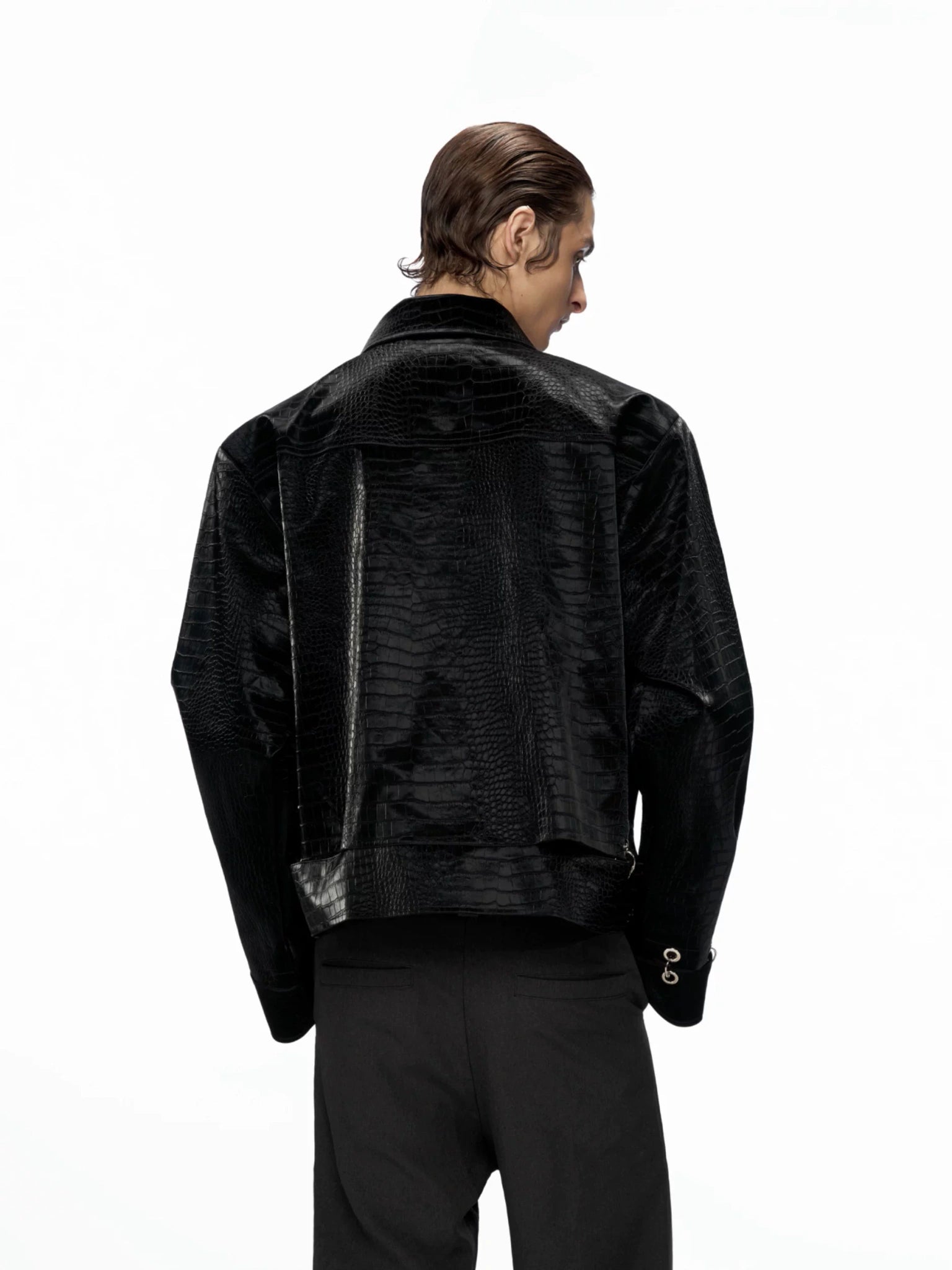 Black Crocodile-Texture Cropped PU Leather Jacket - main image 2