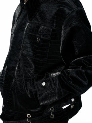 Black Crocodile-Texture Cropped PU Leather Jacket - main image 3