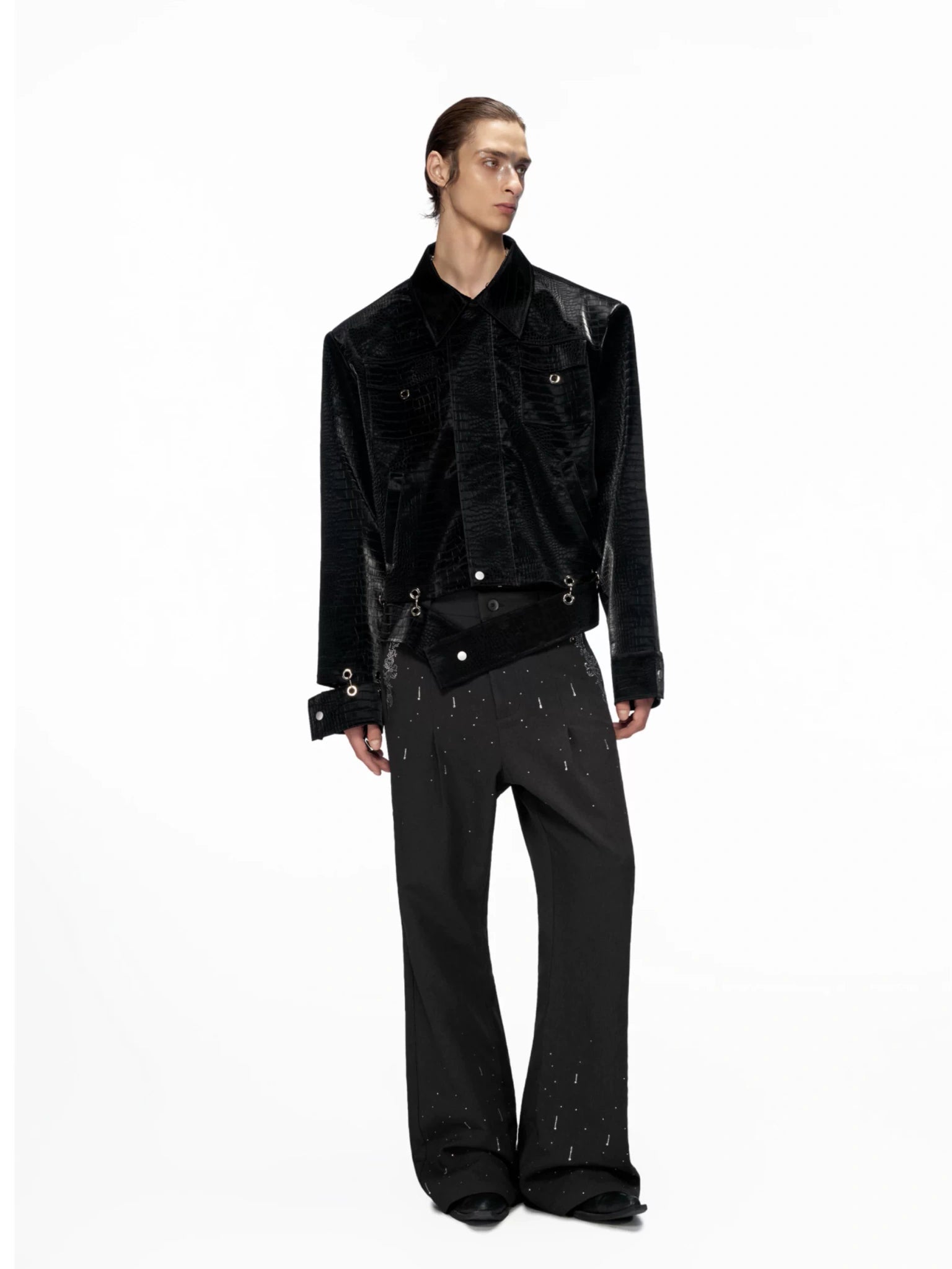 Black Crocodile-Texture Cropped PU Leather Jacket - main image 5