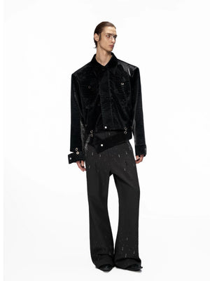 Black Crocodile-Texture Cropped PU Leather Jacket - main image 5