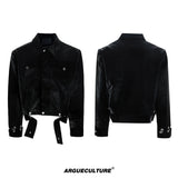 Black Crocodile-Texture Cropped PU Leather Jacket - Black