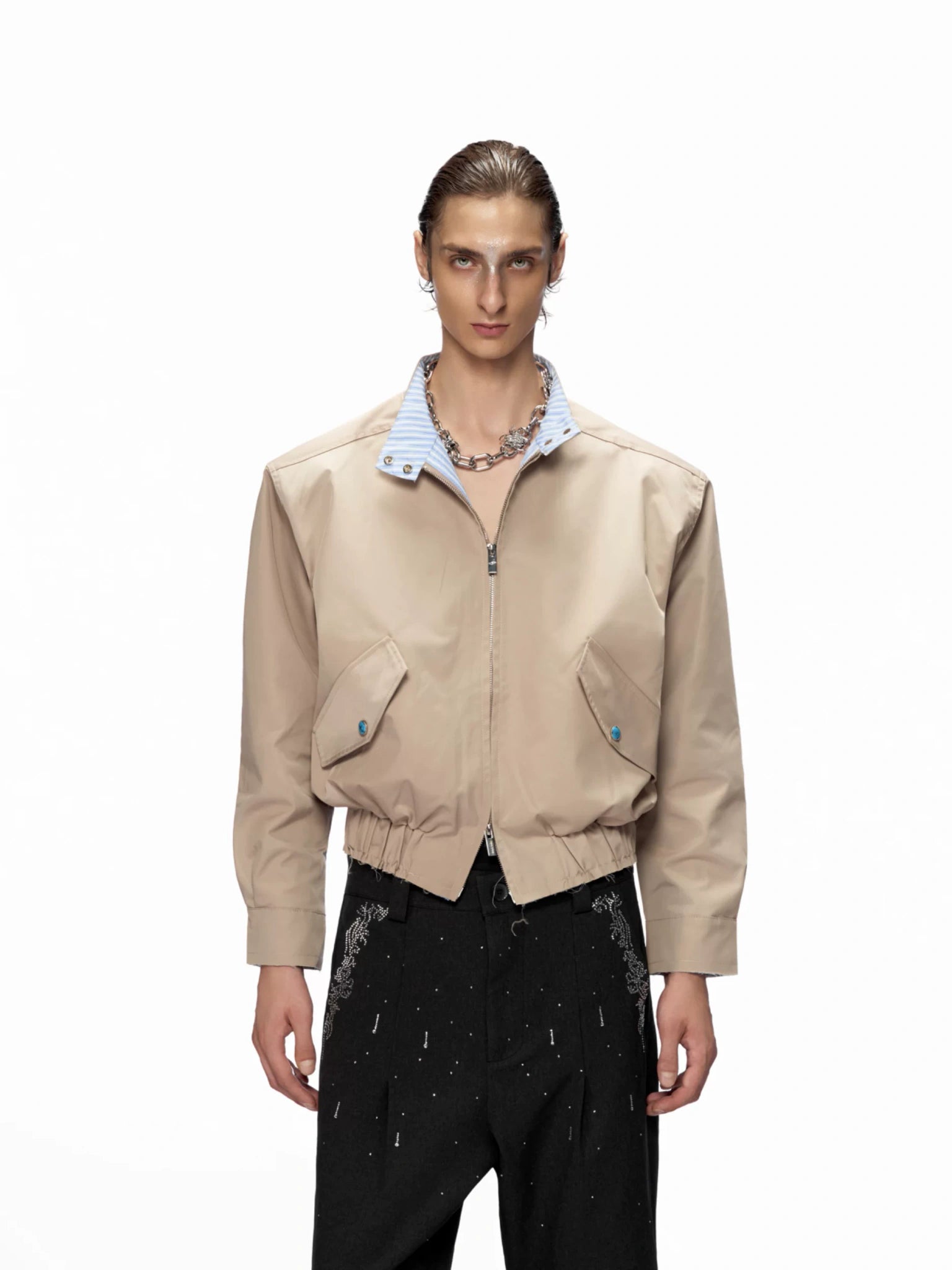 Stand-Collar Striped Patchwork Short Jacket - main image 1