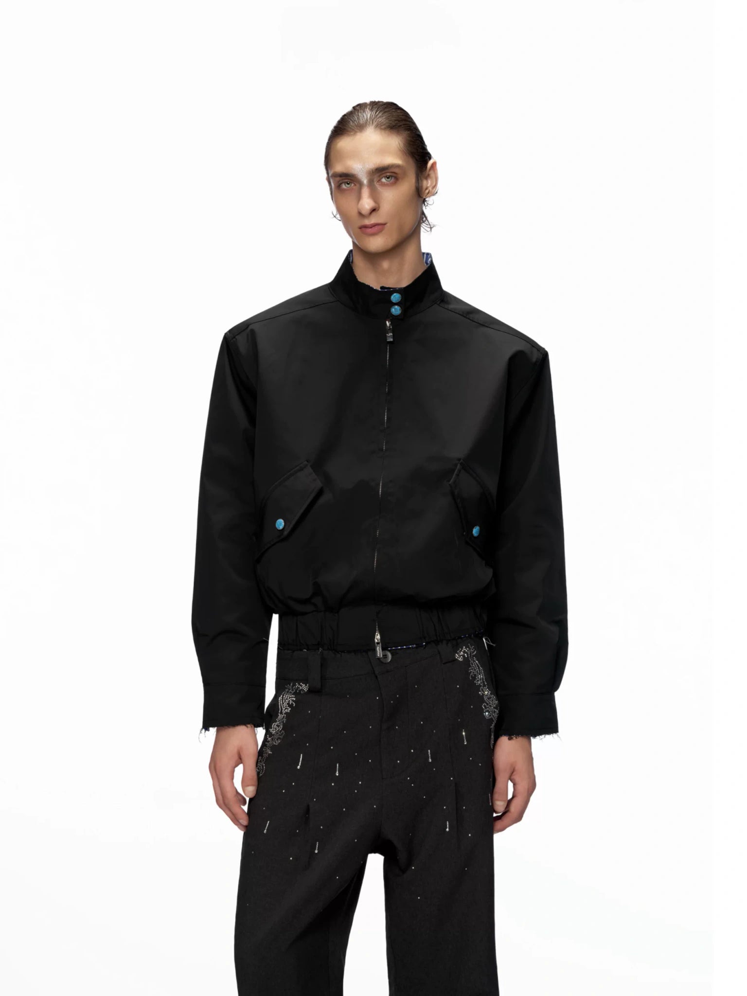Stand-Collar Striped Patchwork Short Jacket - main image 2