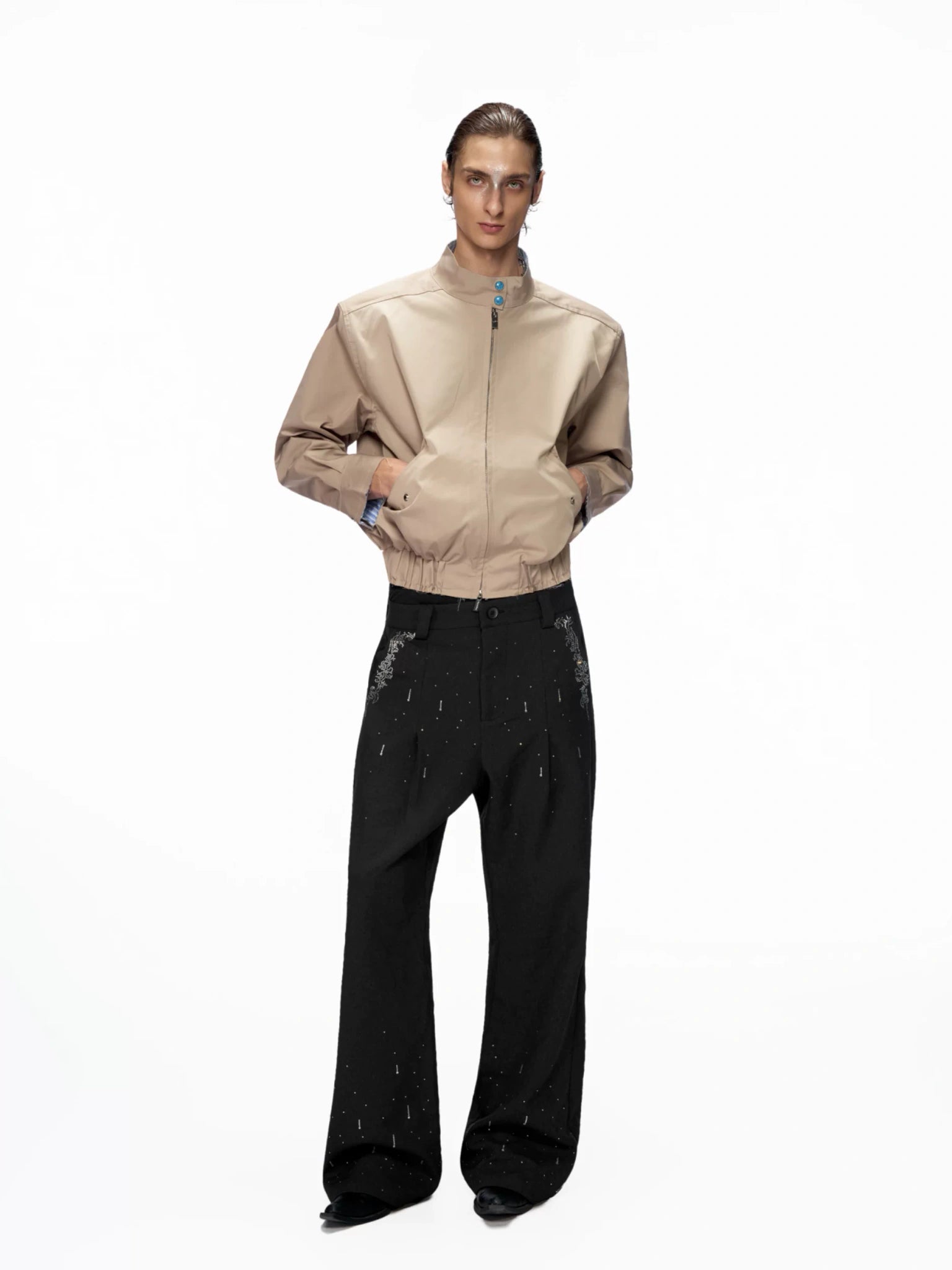 Stand-Collar Striped Patchwork Short Jacket - main image 4