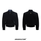 Stand-Collar Striped Patchwork Short Jacket - Black