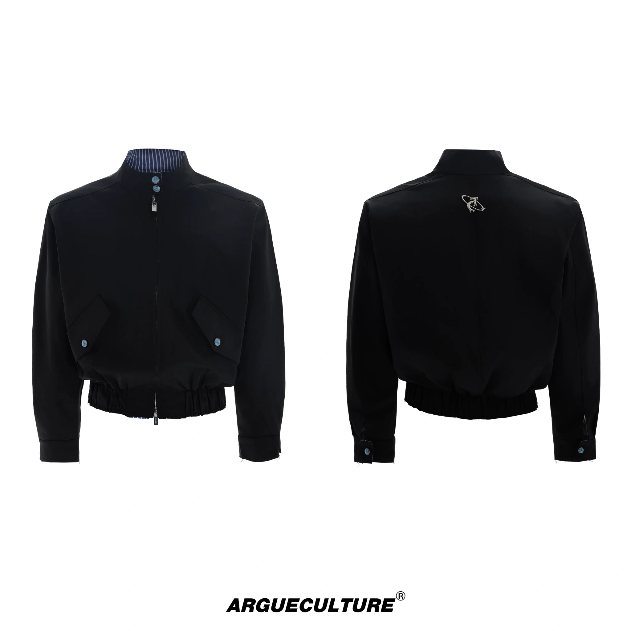 Stand-Collar Striped Patchwork Short Jacket - Black