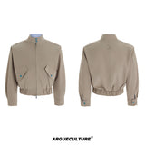 Stand-Collar Striped Patchwork Short Jacket - Light Khaki