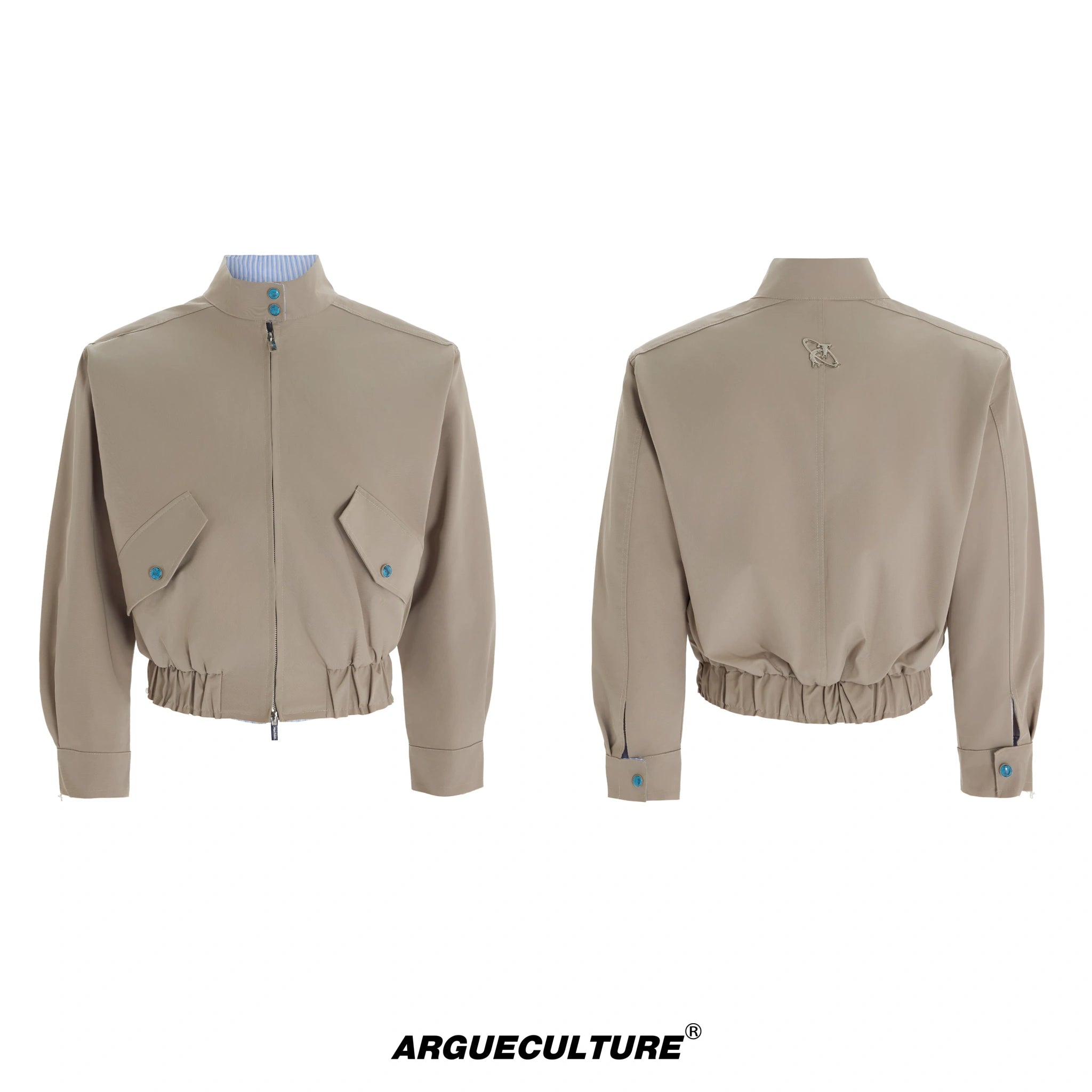 Stand-Collar Striped Patchwork Short Jacket - Light Khaki