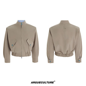 Stand-Collar Striped Patchwork Short Jacket - Light Khaki