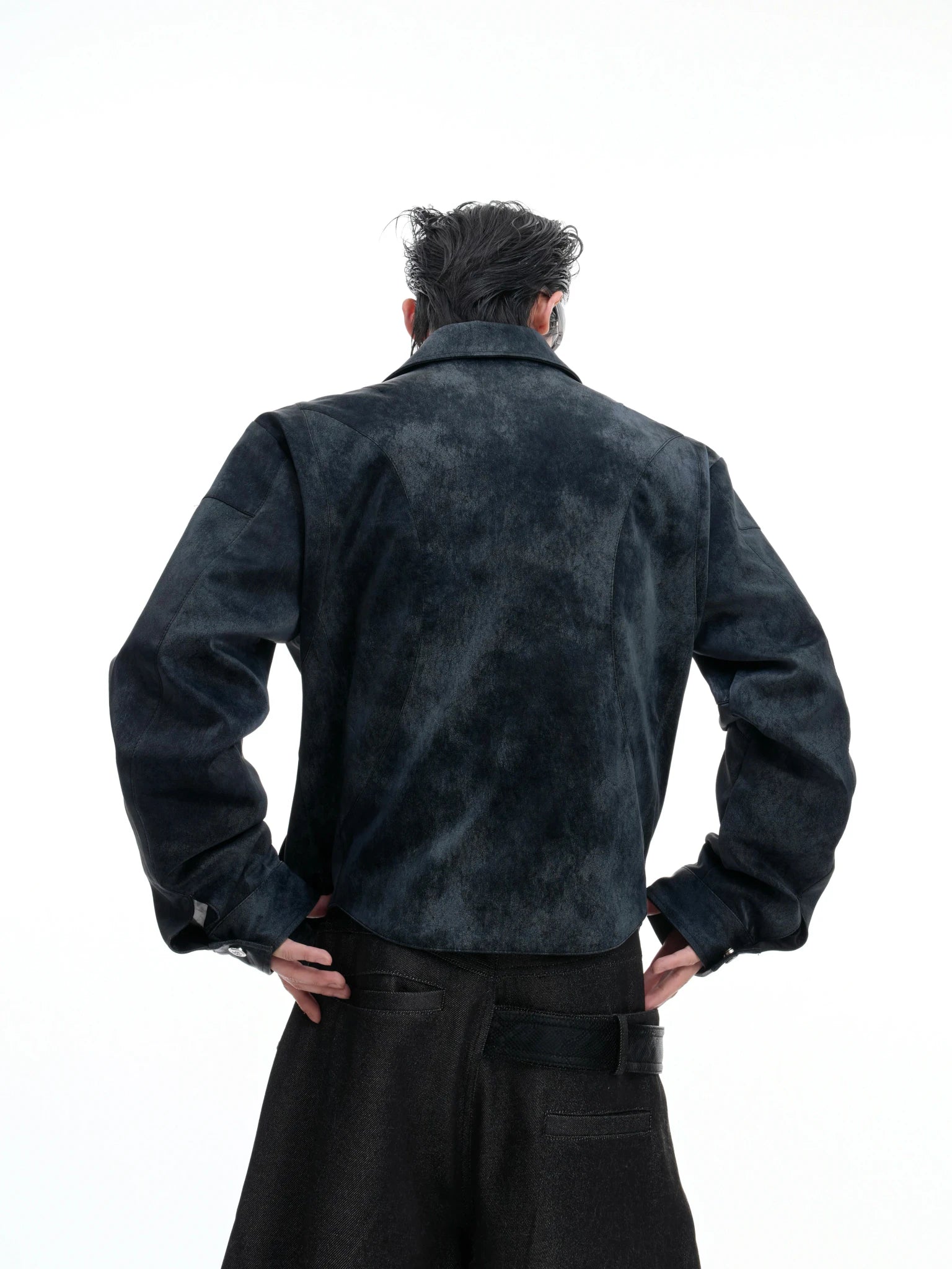 Pearl Rivet Cropped Faux Leather Jacket in Blue - main image 2