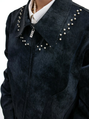 Pearl Rivet Cropped Faux Leather Jacket in Blue - main image 3