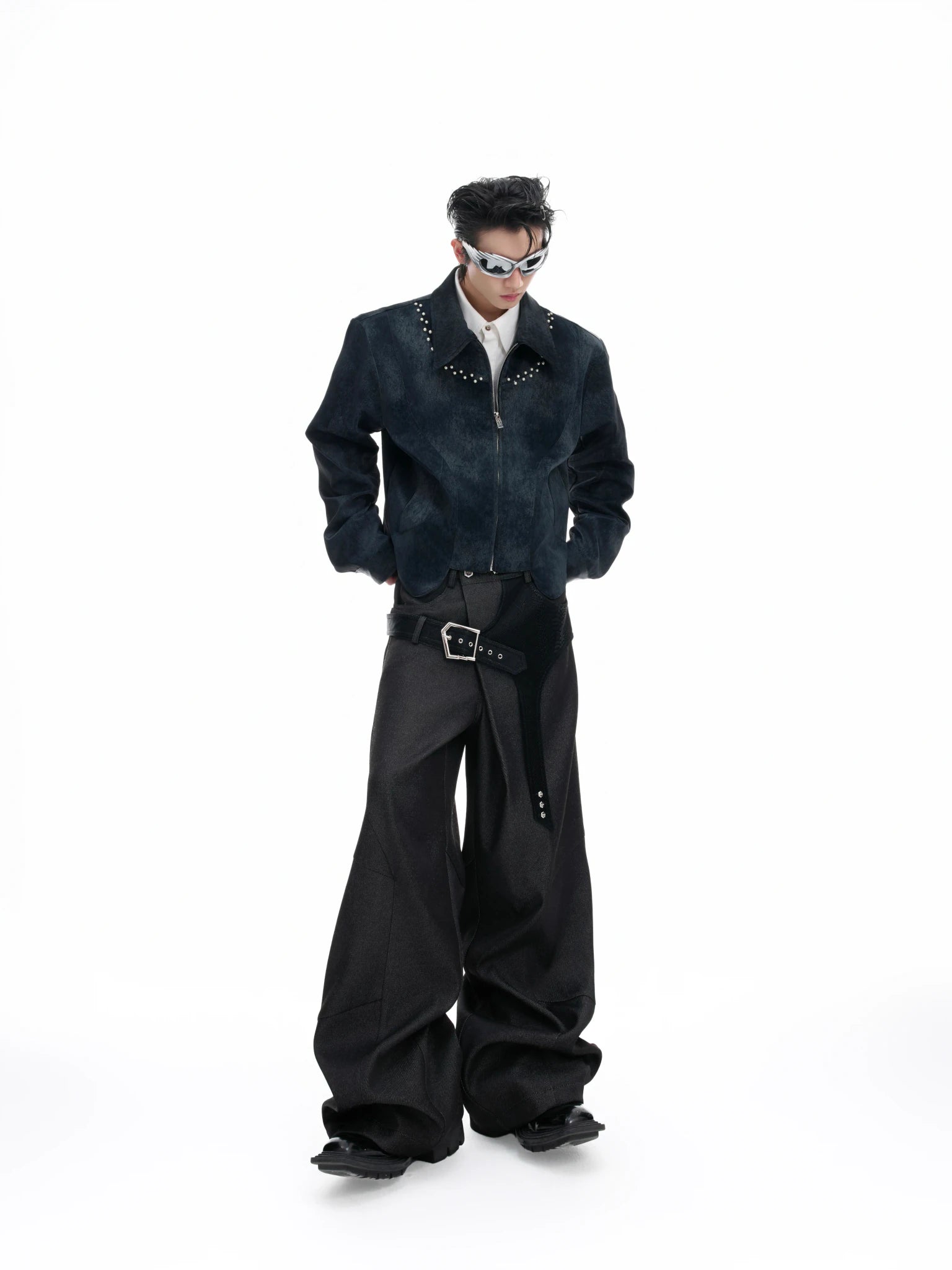 Pearl Rivet Cropped Faux Leather Jacket in Blue - main image 4