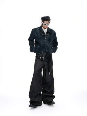 Pearl Rivet Cropped Faux Leather Jacket in Blue - main image 4