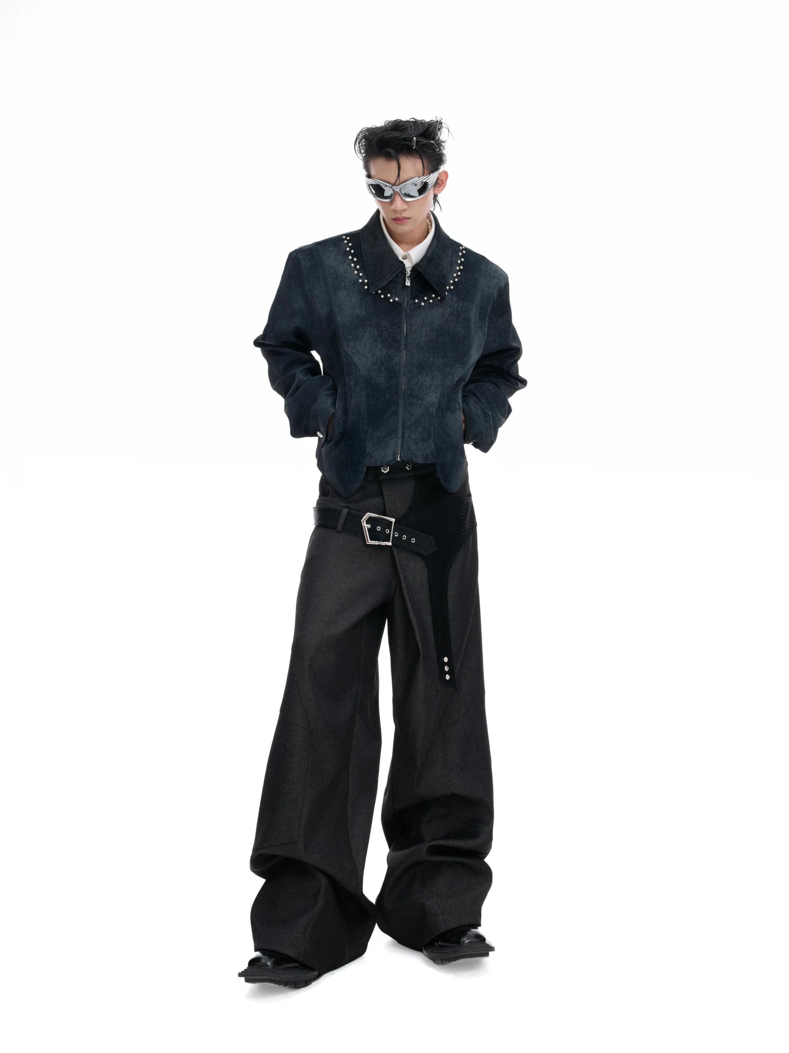 Pearl Rivet Cropped Faux Leather Jacket in Blue - main image 5