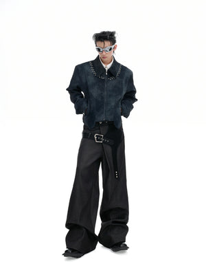 Pearl Rivet Cropped Faux Leather Jacket in Blue - main image 5