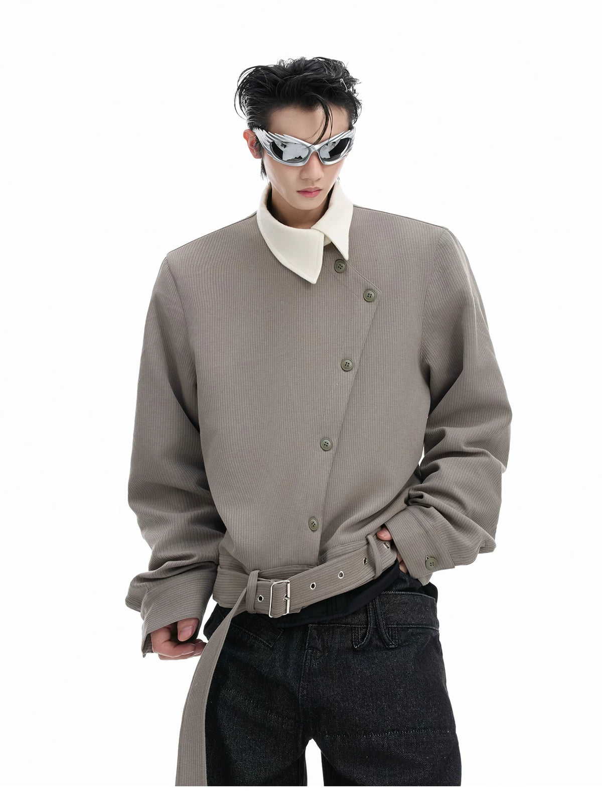 Relaxed Cotton Asymmetric Button Point-Collar Shirt - description image 4