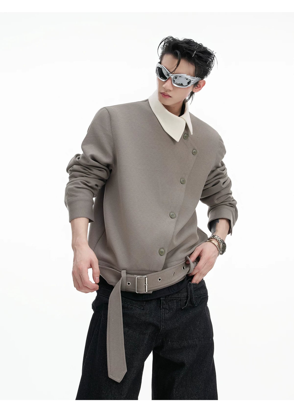 Relaxed Cotton Asymmetric Button Point-Collar Shirt - description image 5
