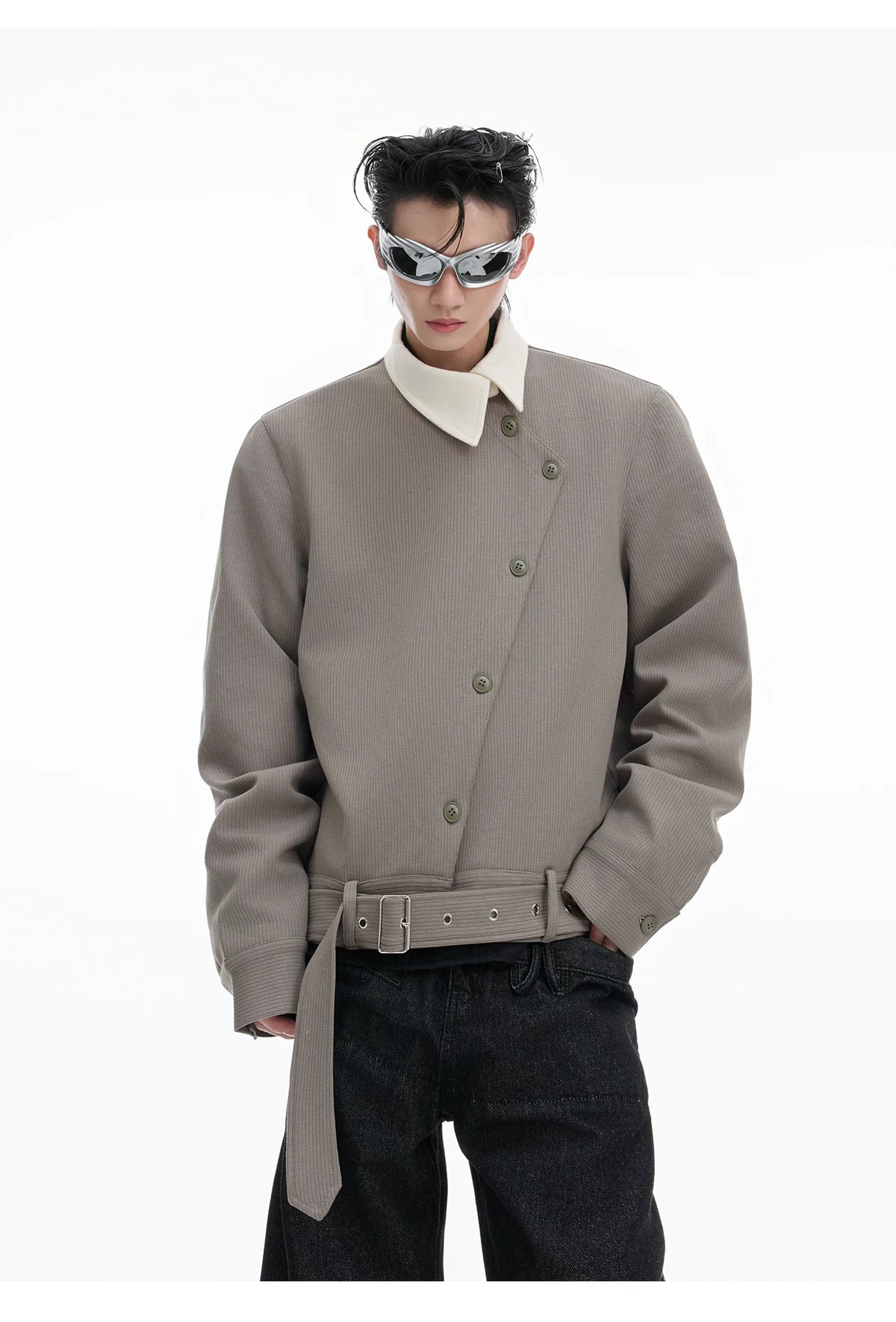 Relaxed Cotton Asymmetric Button Point-Collar Shirt - description image 6