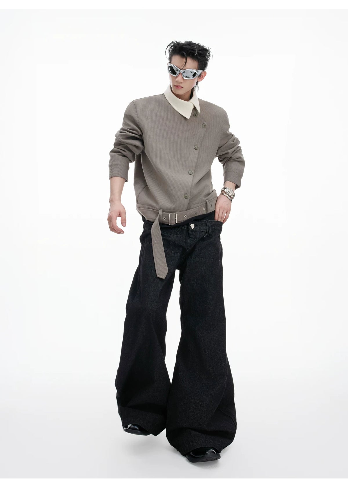 Relaxed Cotton Asymmetric Button Point-Collar Shirt - description image 9
