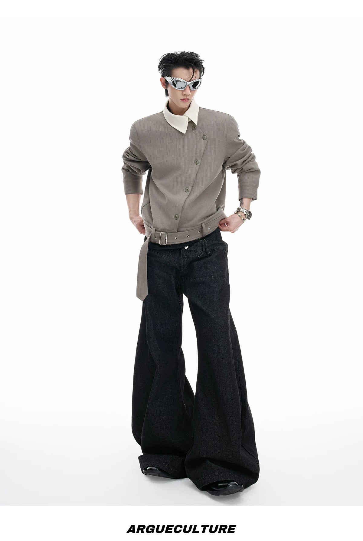 Relaxed Cotton Asymmetric Button Point-Collar Shirt - description image 11