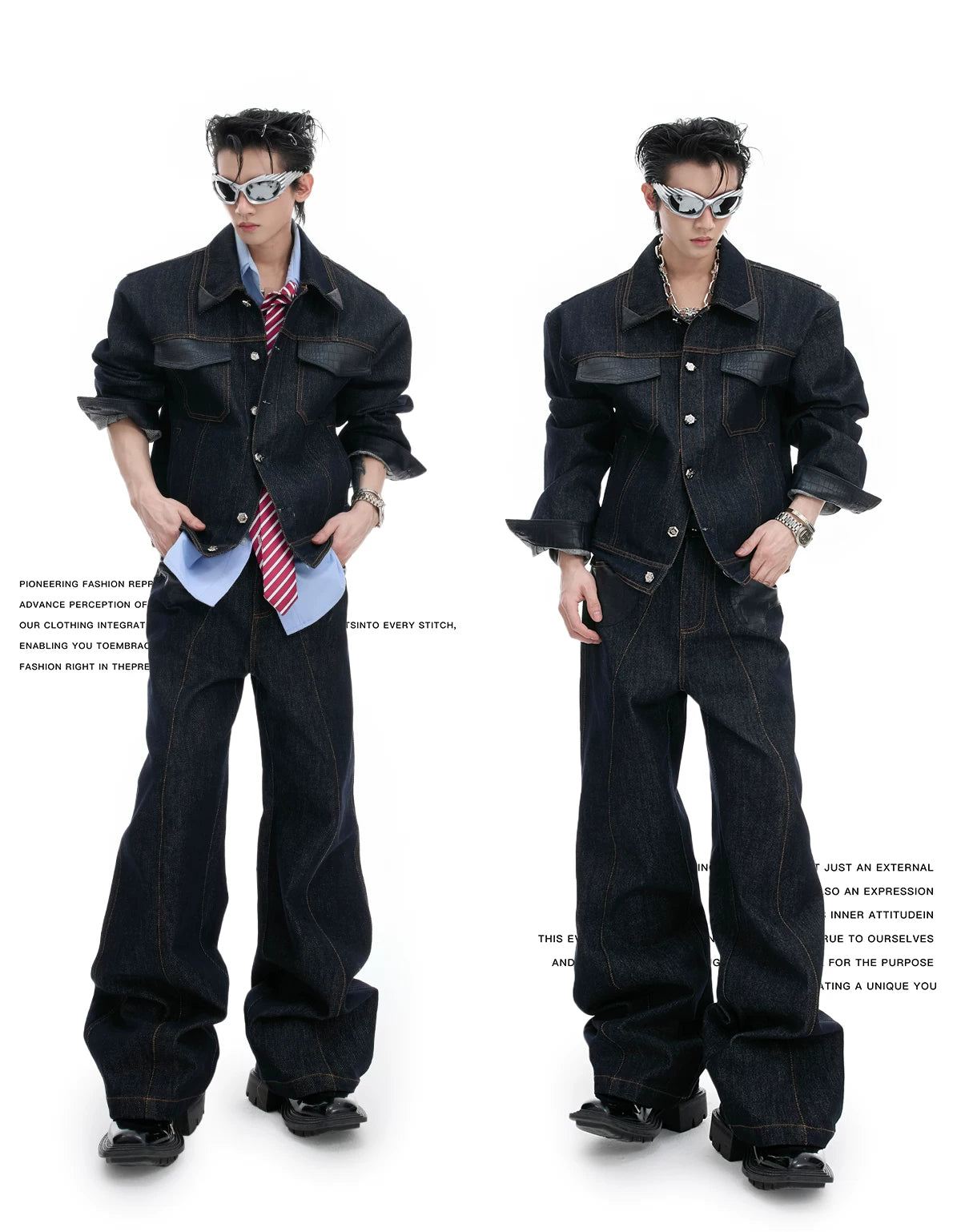 Indigo Denim Leather-Panel Jacket and Pants Suit - description image 3