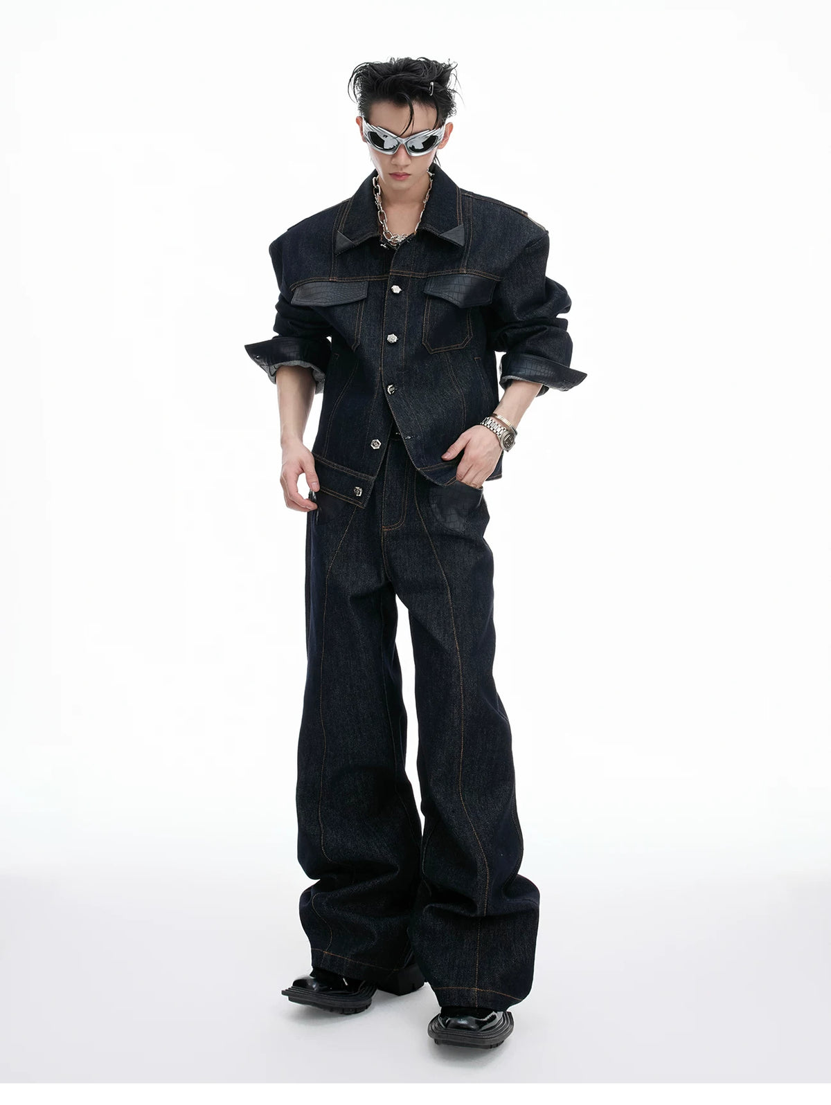 Indigo Denim Leather-Panel Jacket and Pants Suit - description image 4