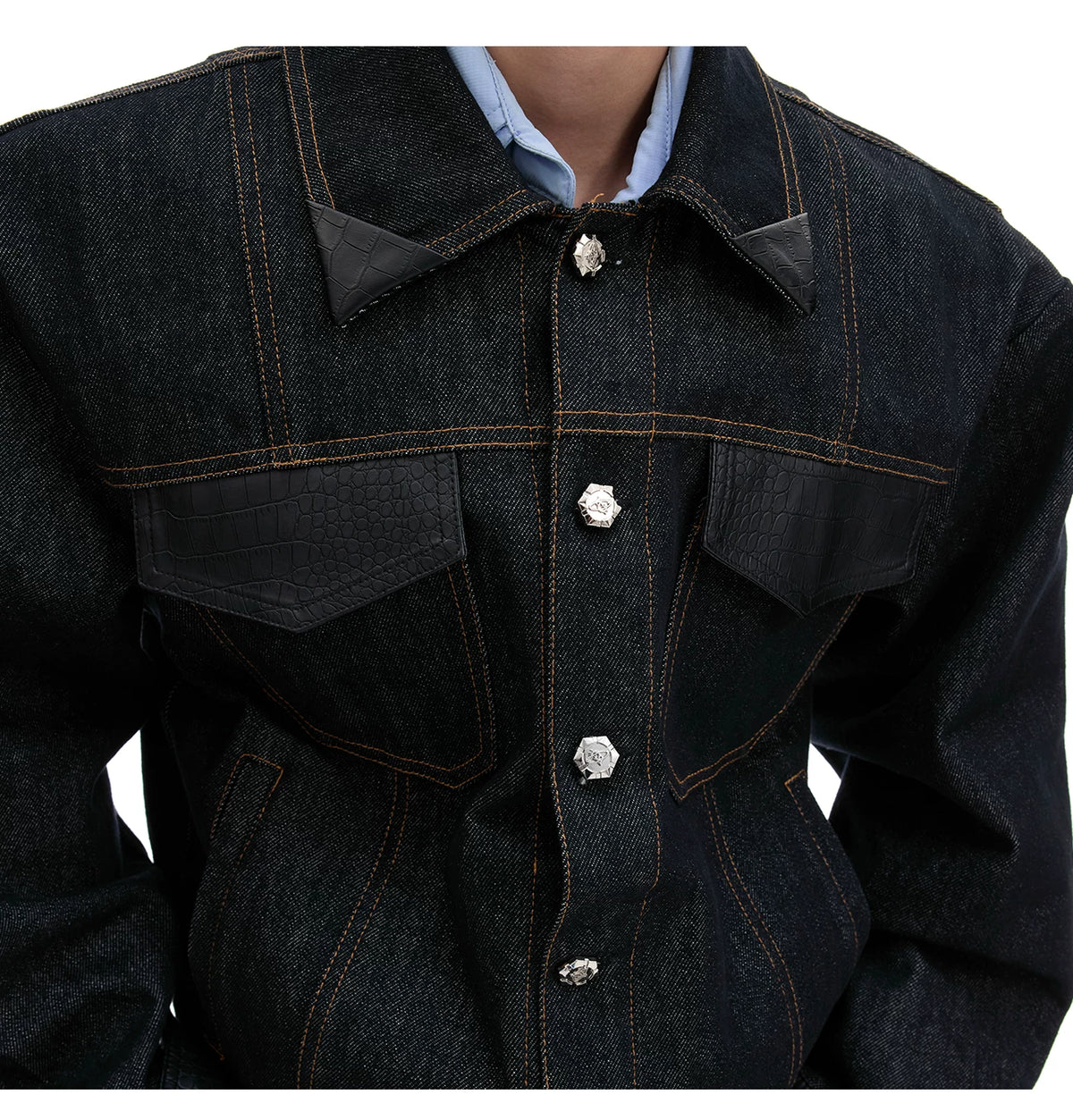 Indigo Denim Leather-Panel Jacket and Pants Suit - description image 5