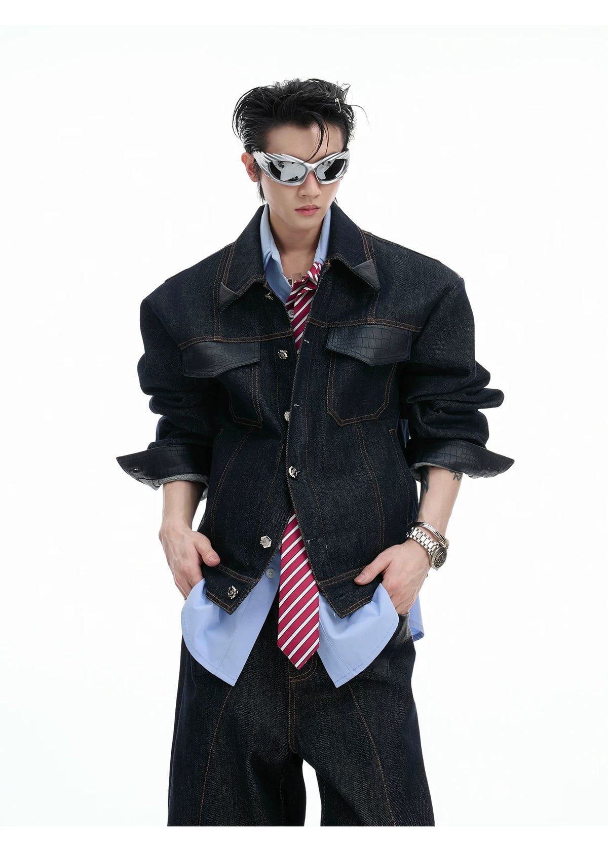 Indigo Denim Leather-Panel Jacket and Pants Suit - description image 6
