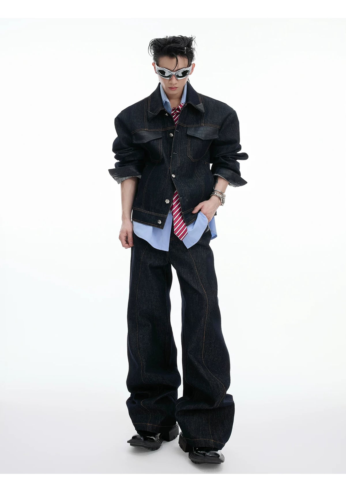 Indigo Denim Leather-Panel Jacket and Pants Suit - description image 8