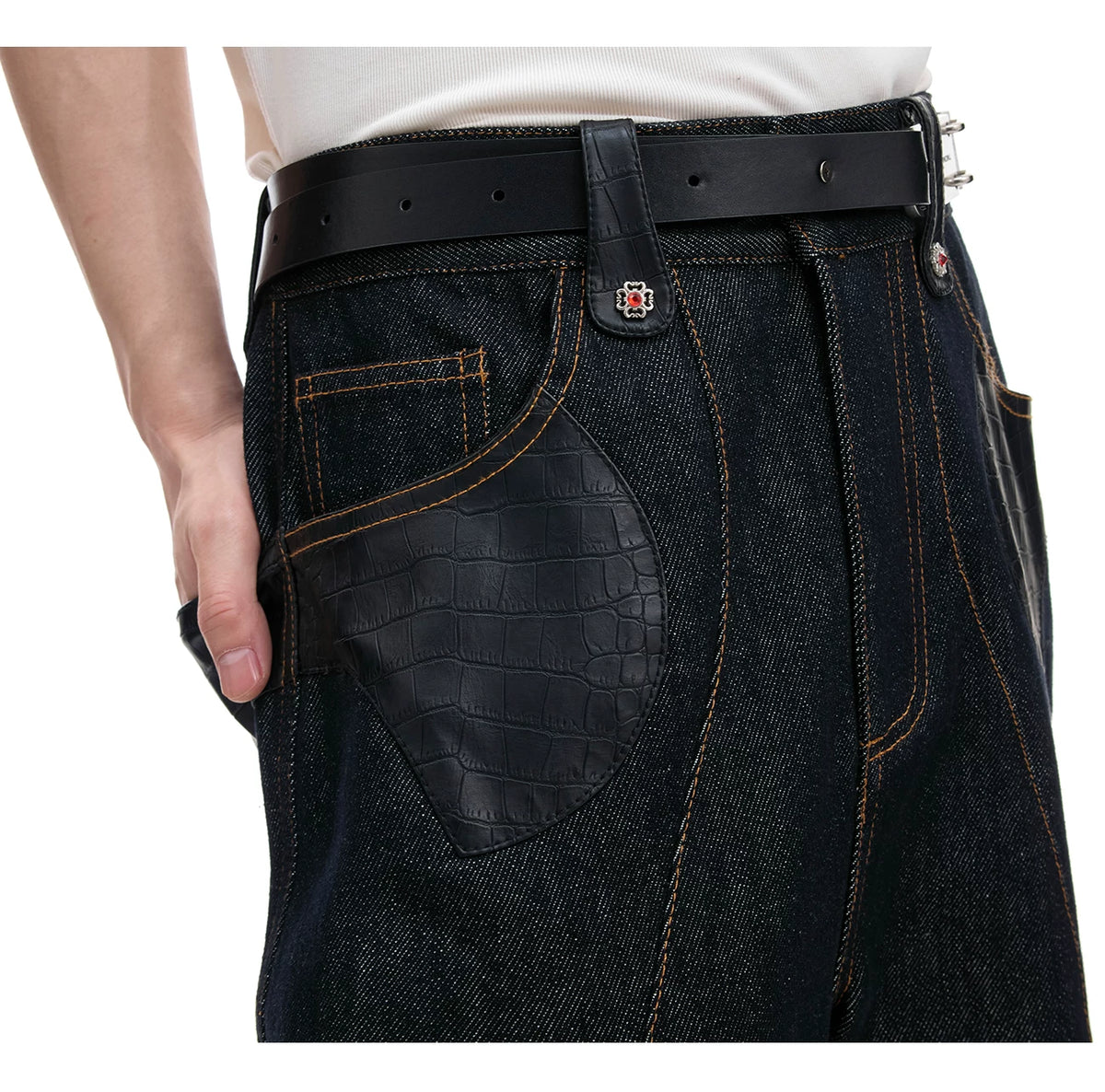 Indigo Denim Leather-Panel Jacket and Pants Suit - description image 9