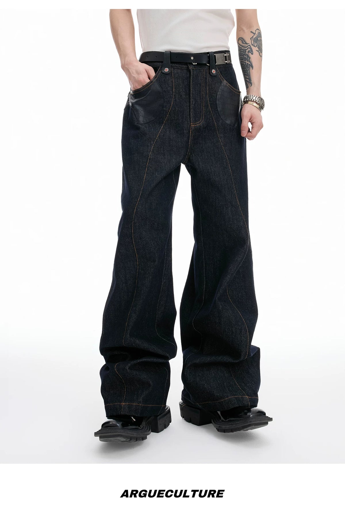 Indigo Denim Leather-Panel Jacket and Pants Suit - description image 10