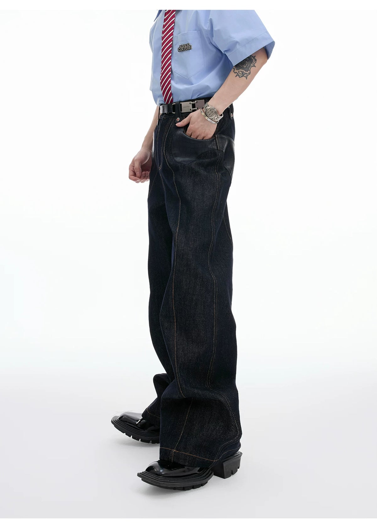 Indigo Denim Leather-Panel Jacket and Pants Suit - description image 11