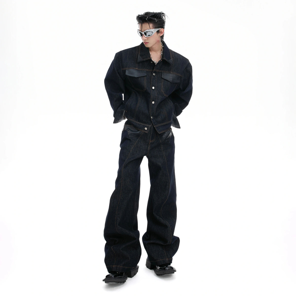 Indigo Denim Leather-Panel Jacket and Pants Suit - main image 1