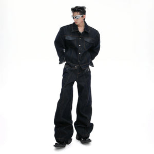 Indigo Denim Leather-Panel Jacket and Pants Suit - main image 1